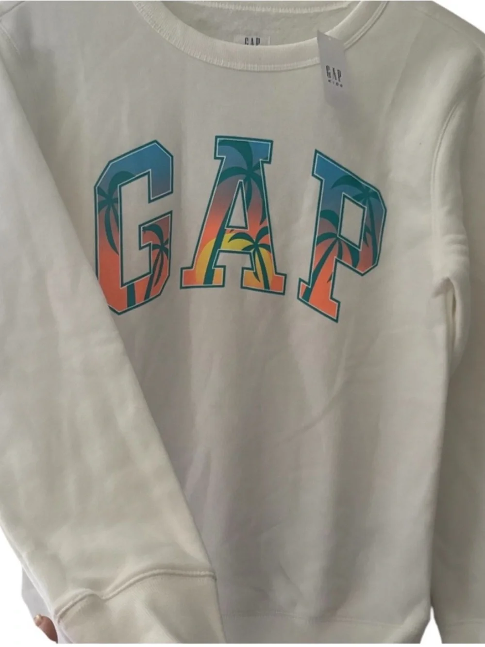 GAP Cream Sweatshirt with Teal and Coral Gradient Logo